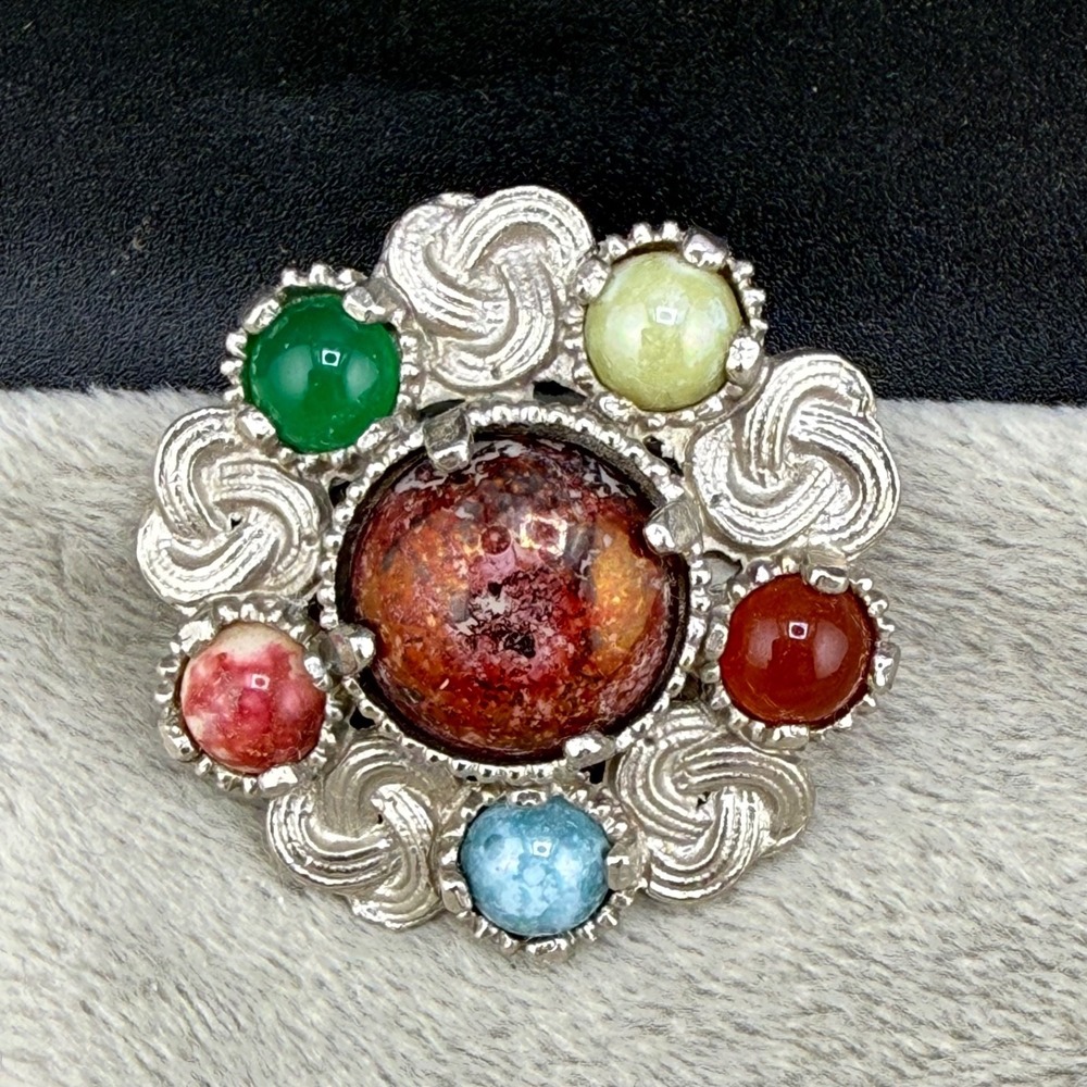 Vintage Polished Stone Brooch Celtic Silver Tone